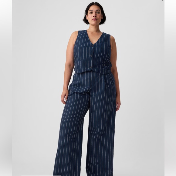NWT Gap High Rise Linen-Cotton Trousers in Navy Pinstripe - Picture 2 of 9